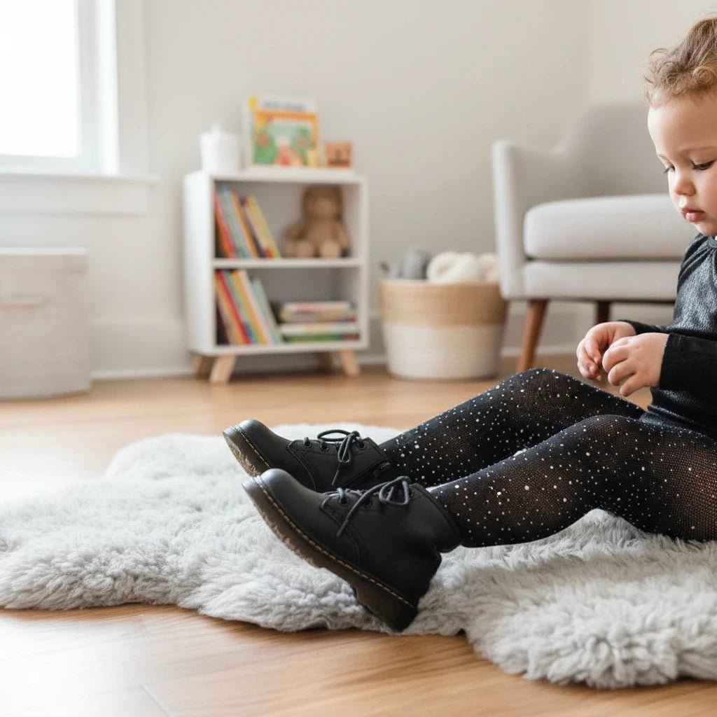 Sea Dragon Dreams black fishnet tights with sparkling rhinestones worn by a toddler sitting on a grey rug