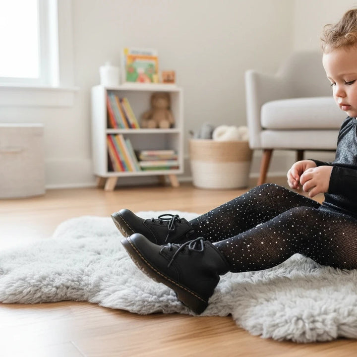 Sea Dragon Dreams black fishnet tights with sparkling rhinestones worn by a toddler sitting on a grey rug