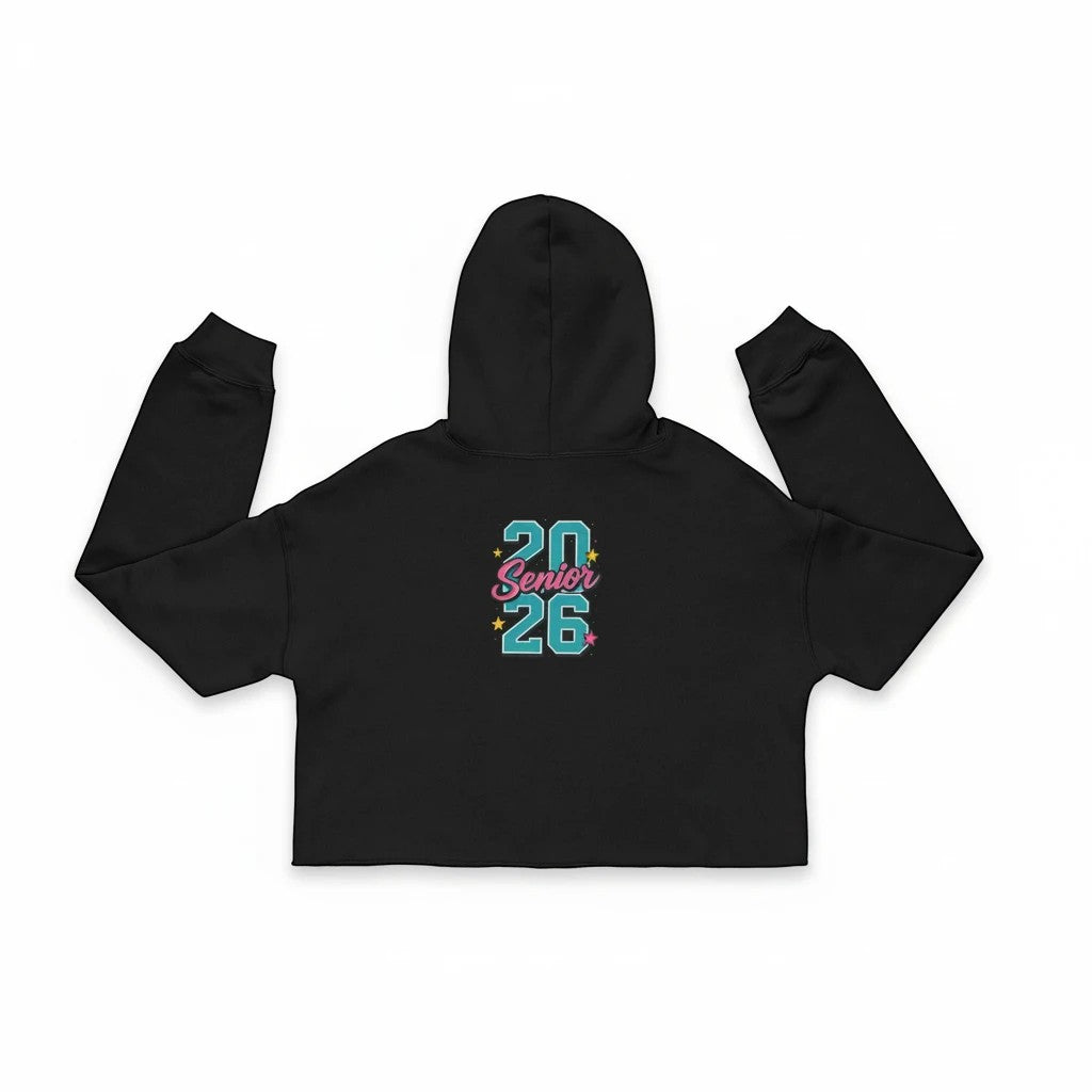 Sea Dragon Dreams black cropped hoodie with Class of 2026 senior graphic on the back, featuring raw hem and hood.