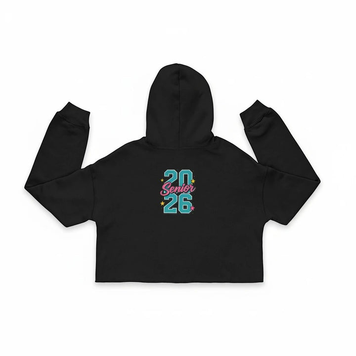 Sea Dragon Dreams black cropped hoodie with Class of 2026 senior graphic on the back, featuring raw hem and hood.