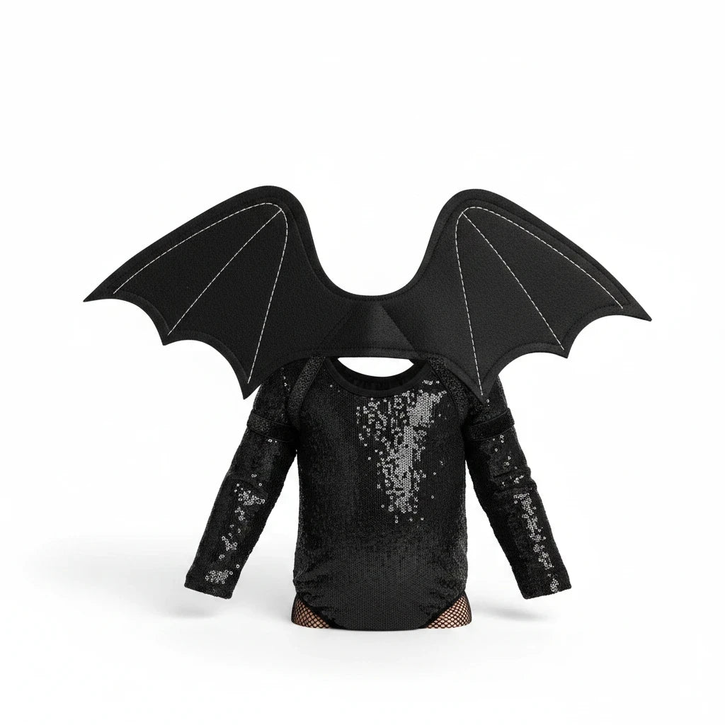 Sea Dragon Dreams black sequin long-sleeve bodysuit with attached felt bat wings for children's Halloween costume.