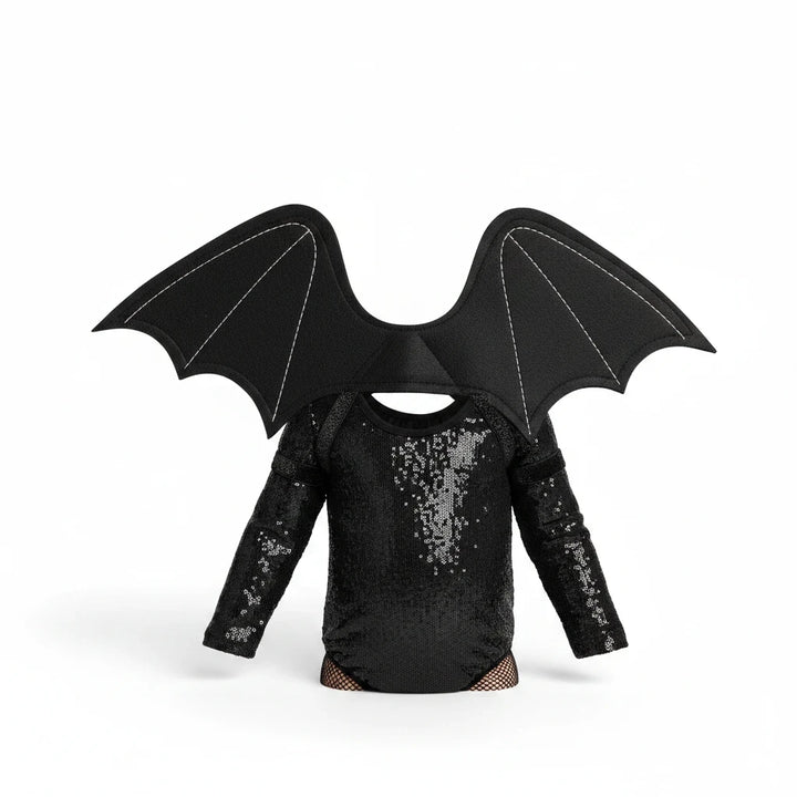 Sea Dragon Dreams black sequin long-sleeve bodysuit with attached felt bat wings for children's Halloween costume.