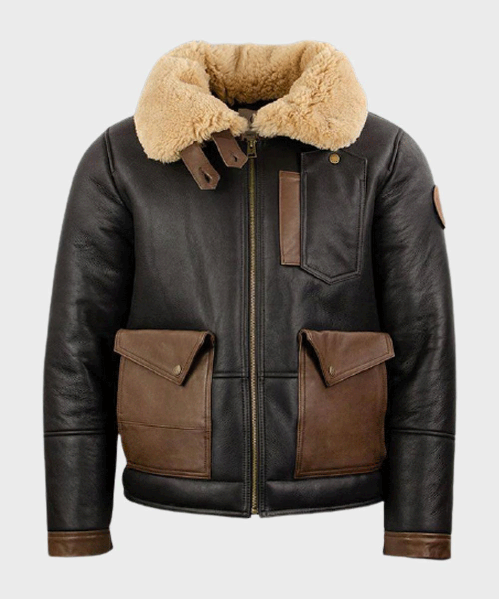 Sea Dragon Dreams black B3 aviator bomber jacket with tan shearling collar, brown leather pockets, and front zipper.