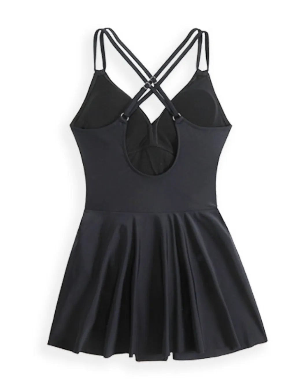 Sea Dragon Dreams black one-piece swimsuit with a flared skirt and crisscross double spaghetti straps on the back.
