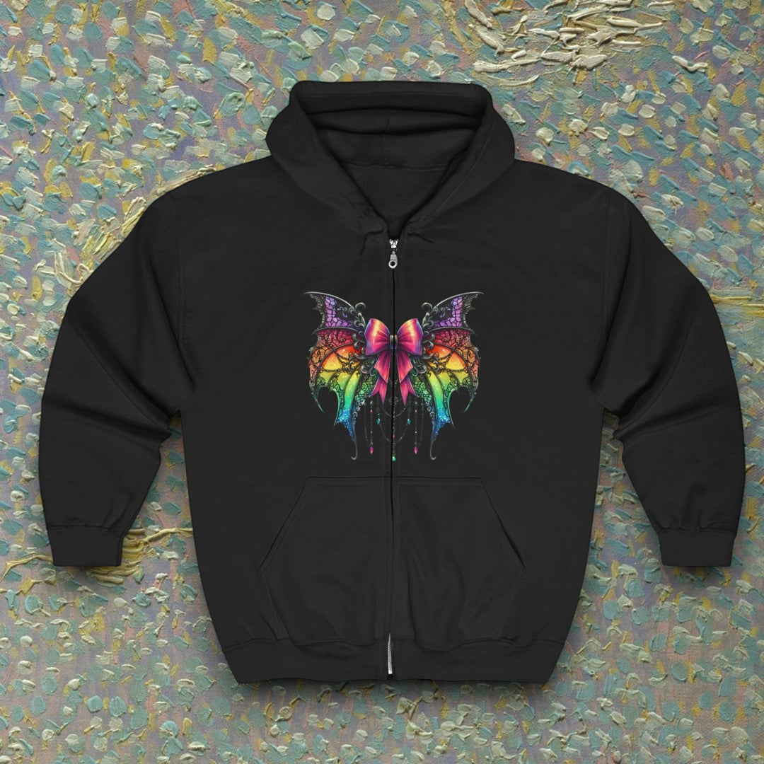 Sea Dragon Dreams black full zip hoodie featuring a vibrant rainbow spider bow graphic on the chest.