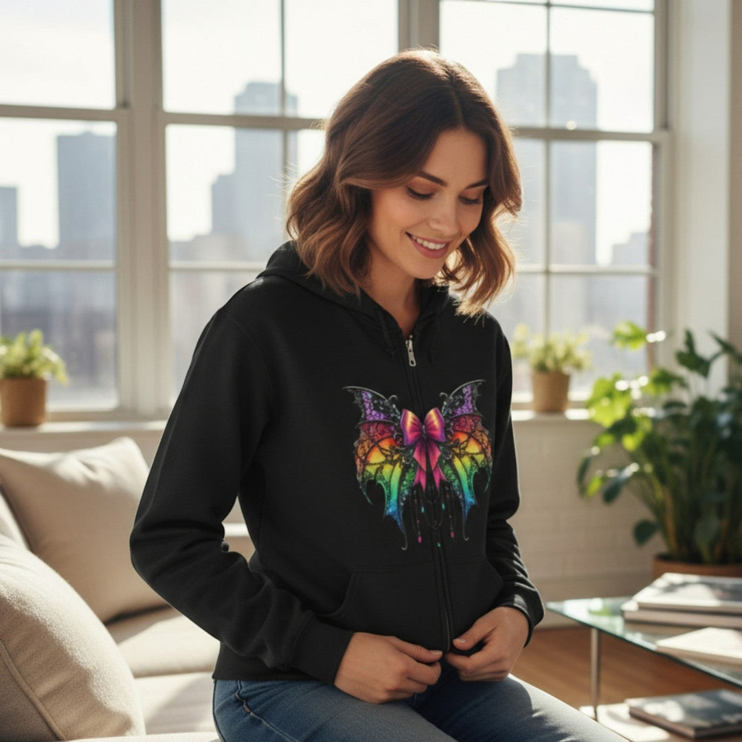 Sea Dragon Dreams black full zip hoodie featuring a colorful spider bow graphic, worn by a smiling woman indoors.