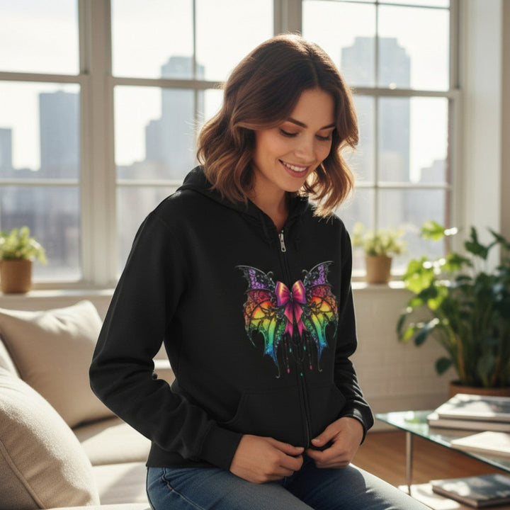 Sea Dragon Dreams black full zip hoodie featuring a colorful spider bow graphic, worn by a smiling woman indoors.