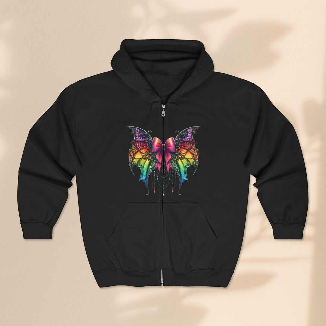 Sea Dragon Dreams black full zip hoodie featuring a colorful, detailed spider bow graphic on the front.