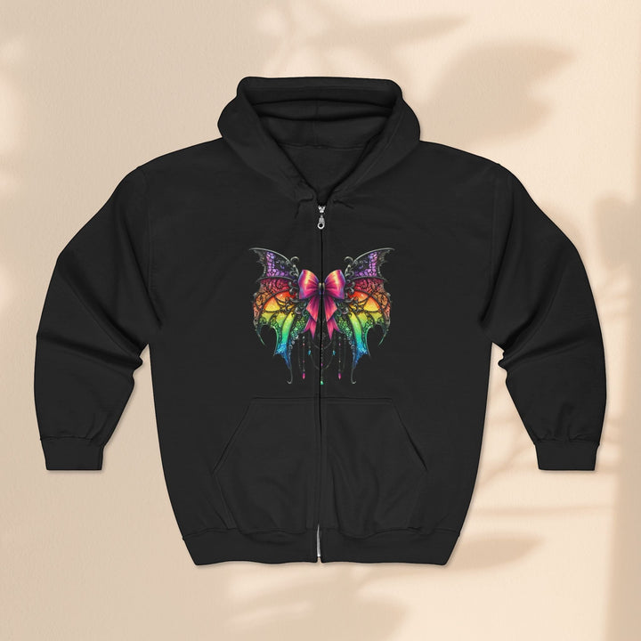 Sea Dragon Dreams black full zip hoodie featuring a colorful, detailed spider bow graphic on the front.