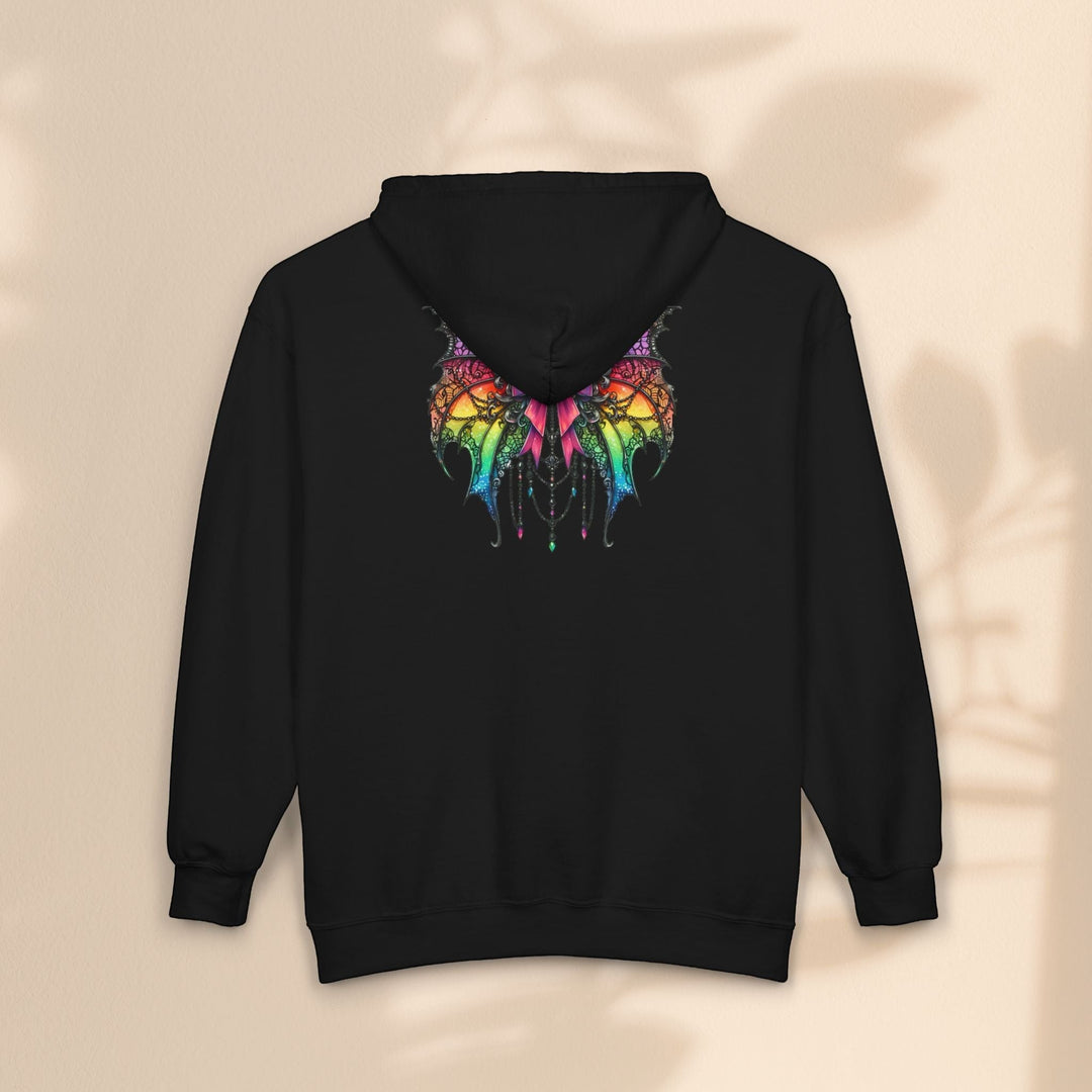 Sea Dragon Dreams black full zip hoodie featuring a vibrant rainbow spider bow graphic on the back