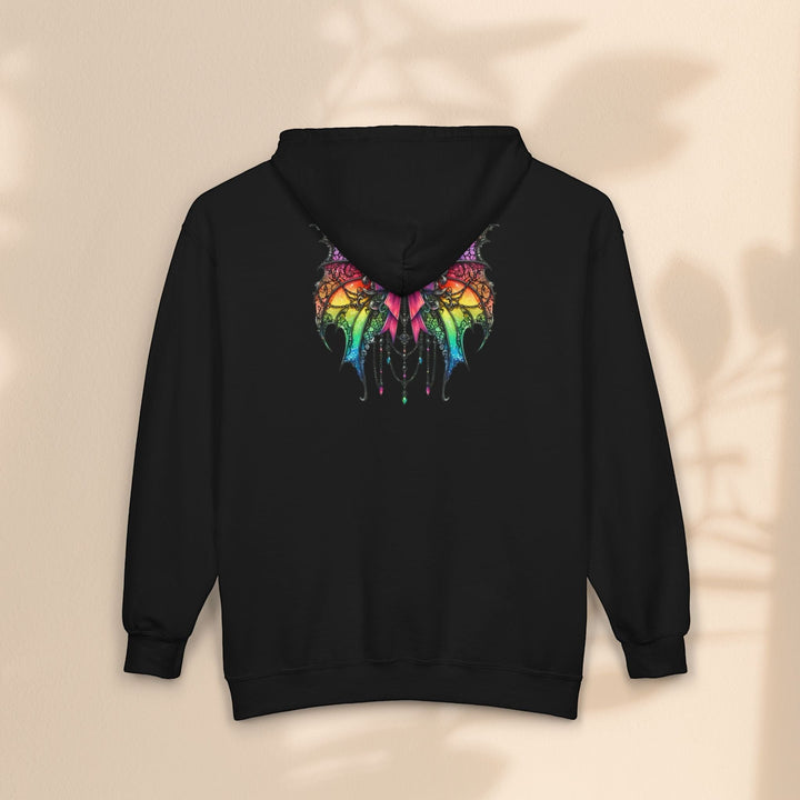 Sea Dragon Dreams black full zip hoodie featuring a vibrant rainbow spider bow graphic on the back