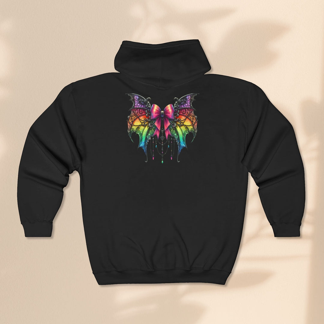 Sea Dragon Dreams black full zip hoodie featuring a colorful spider bow graphic on the back with rainbow wings.