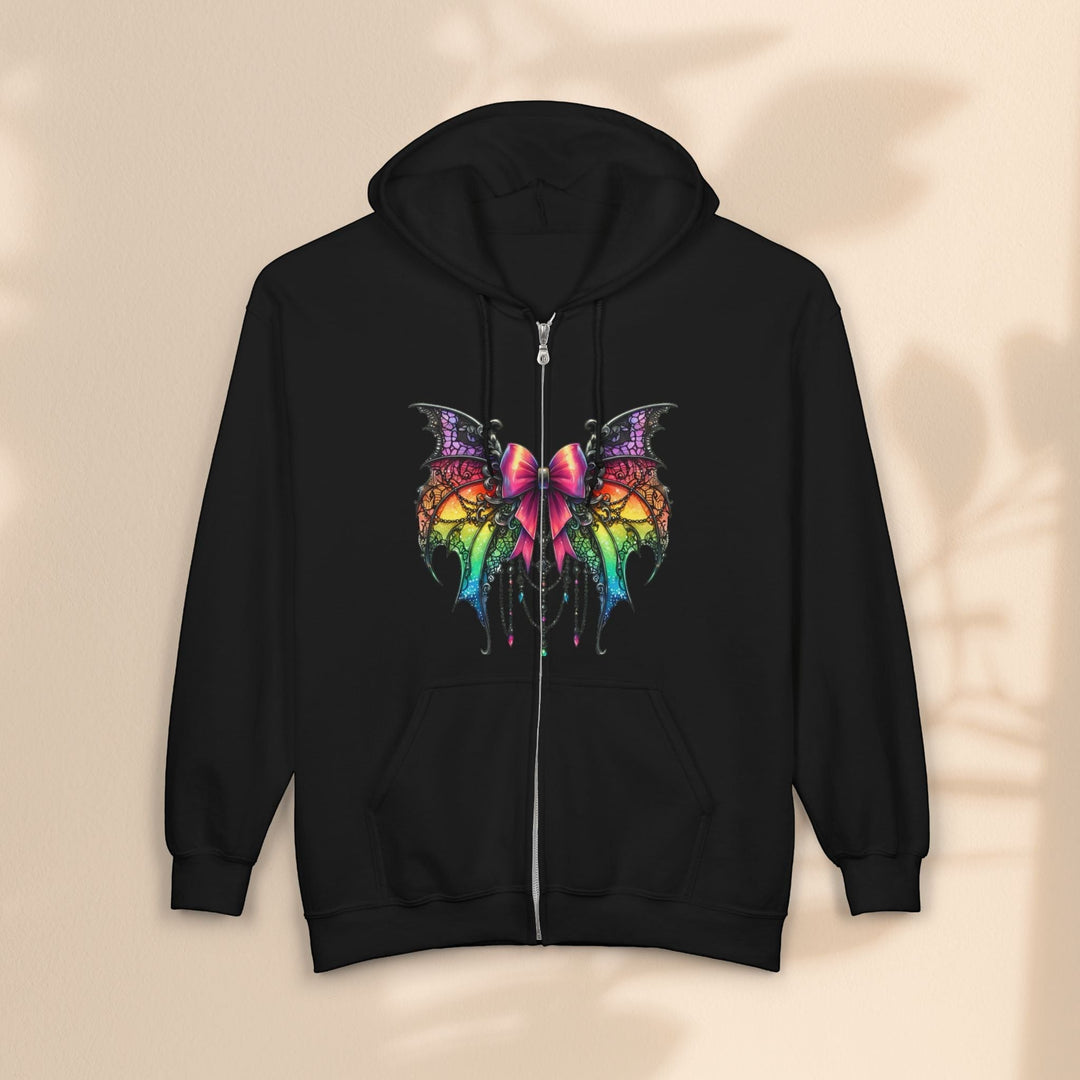 Sea Dragon Dreams black full zip hoodie featuring a colorful spider bow graphic with rainbow wings and hanging charms.