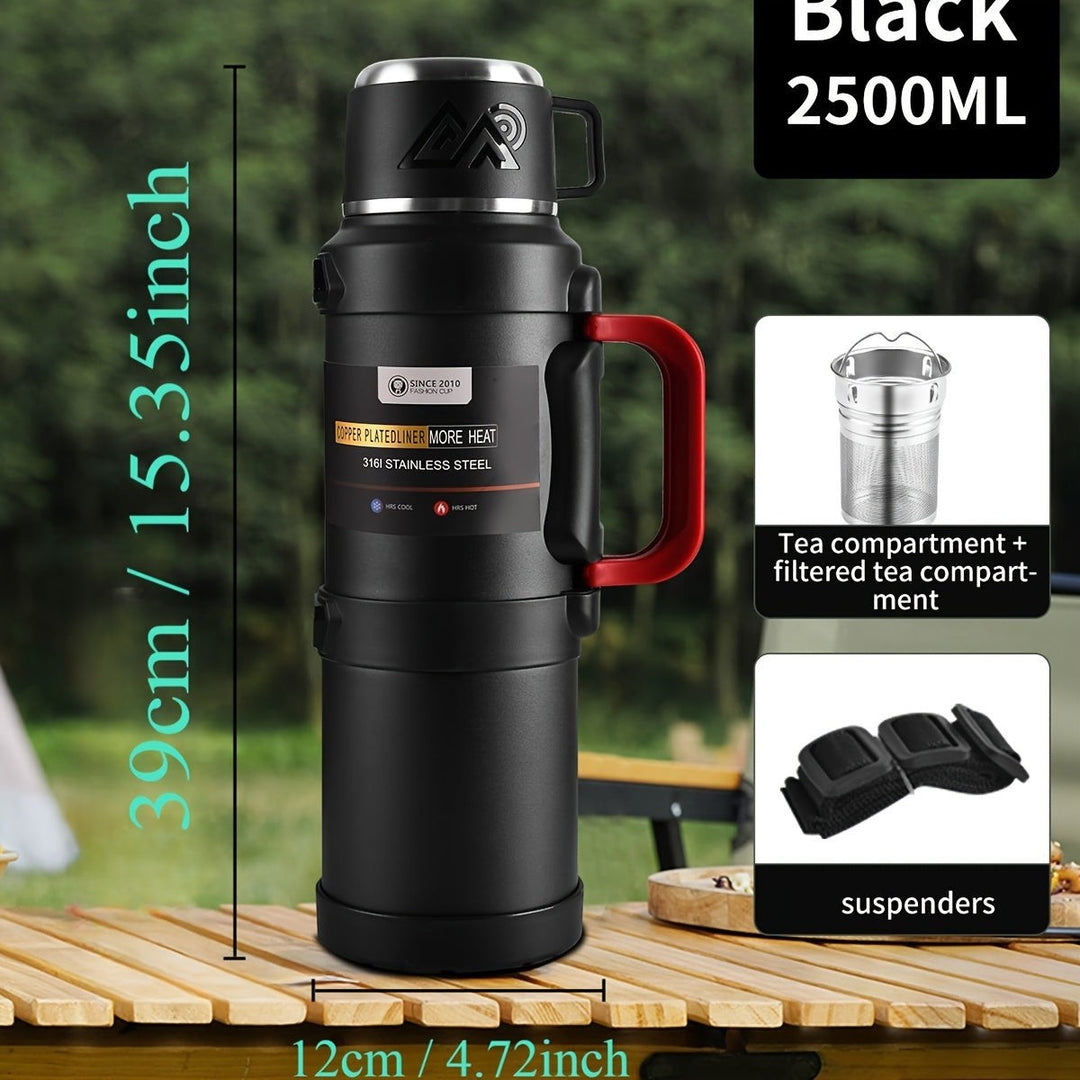 Sea Dragon Dreams 2500ml black stainless steel insulated thermos bottle with handle, tea filter, and carry strap.