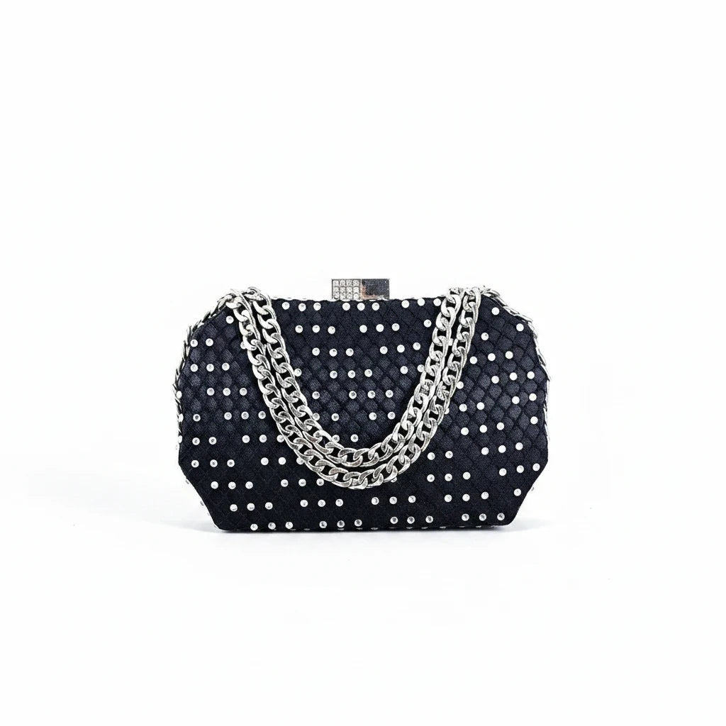 Sea Dragon Dreams black clutch handbag with silver studs and a metallic chain strap for formal occasions