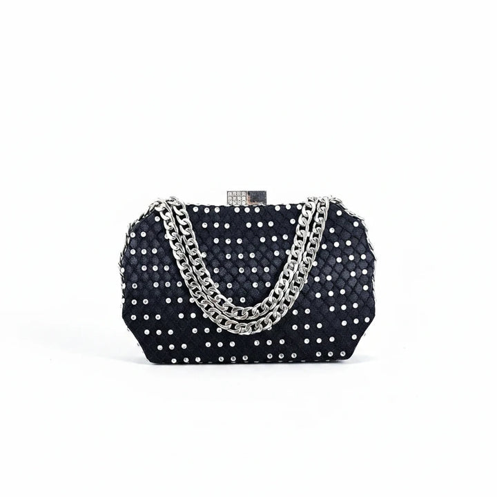 Sea Dragon Dreams black clutch handbag with silver studs and a metallic chain strap for formal occasions