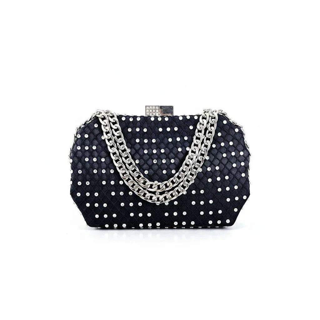 Sea Dragon Dreams black quilted clutch handbag with silver studs and a metallic chain strap for formal occasions.