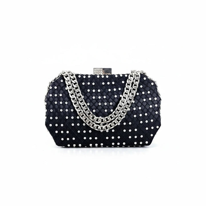 Sea Dragon Dreams black quilted clutch handbag with silver studs and a metallic chain strap for formal occasions.