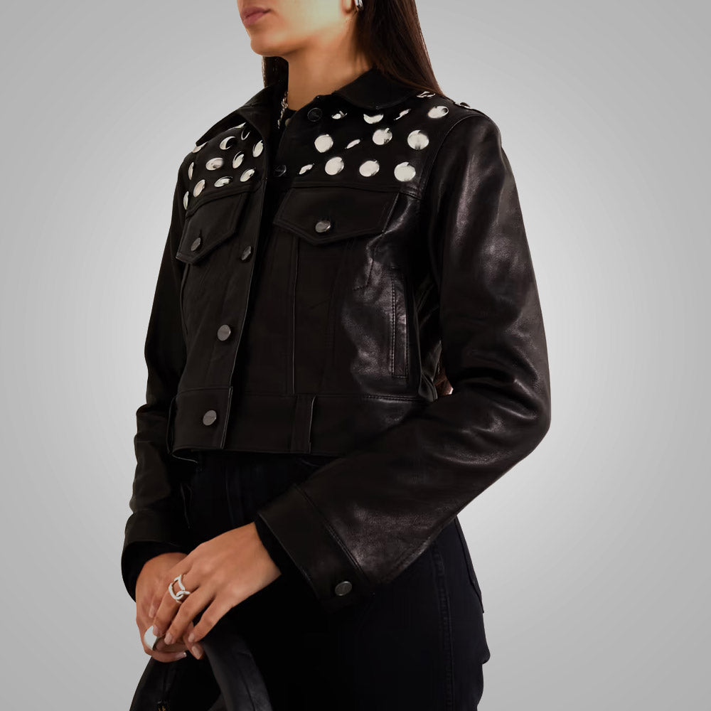 Sea Dragon Dreams black cropped leather jacket featuring silver studded accents and a structured collar on a model