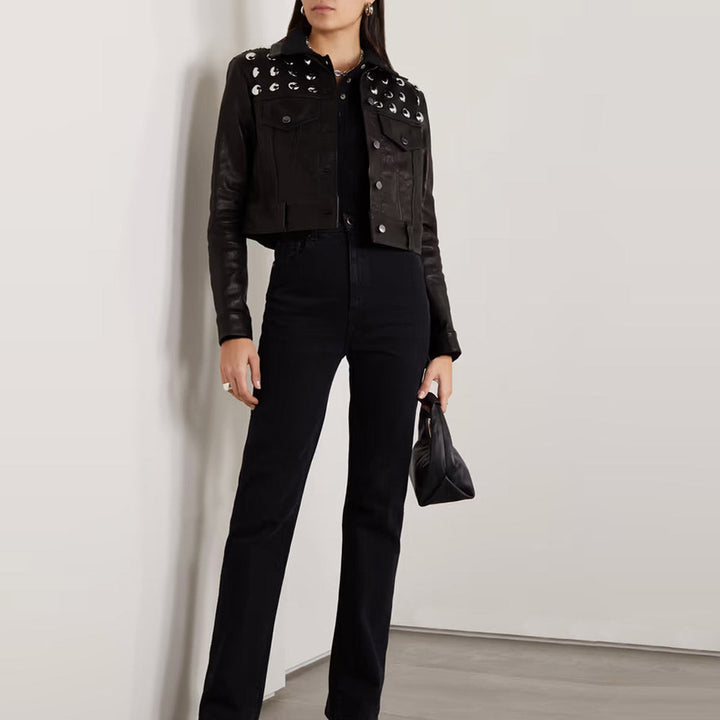 Sea Dragon Dreams black cropped leather jacket with silver studs and shearling collar worn with black jeans