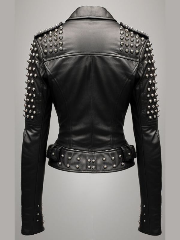 Sea Dragon Dreams Odette black leather jacket featuring silver stud embellishments on shoulders and waist, back view.