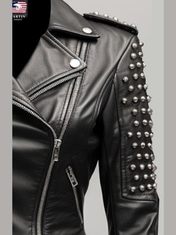 Sea Dragon Dreams Odette black leather women's jacket featuring silver stud embellishments on the shoulder and sleeve.