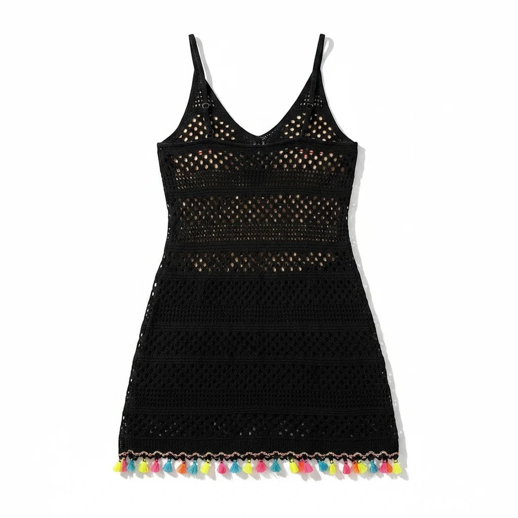 Sea Dragon Dreams black woven beach cover-up dress with hollow-out knit details and colorful tassel hem trim.