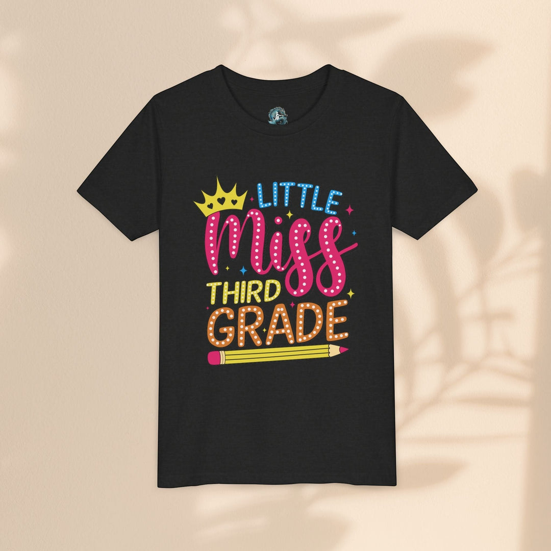 Sea Dragon Dreams black youth t-shirt with Little Miss Third Grade graphic featuring a crown and pencil design.