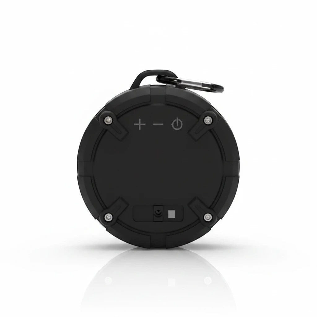 Sea Dragon Dreams black waterproof Bluetooth speaker with control buttons and a carrying buckle on a white background