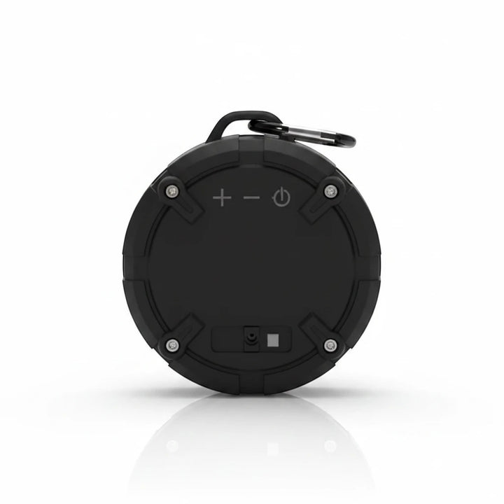 Sea Dragon Dreams black waterproof Bluetooth speaker with control buttons and a carrying buckle on a white background