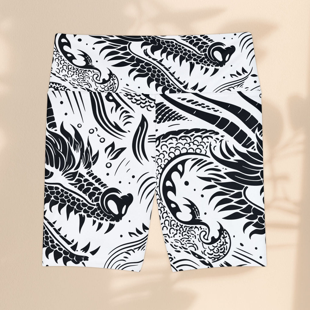 Sea Dragon Dreams women's workout shorts featuring a bold black and white dragon print on durable polyester fabric.