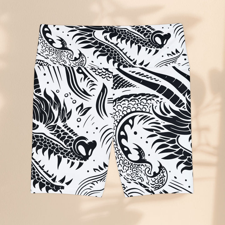Sea Dragon Dreams women's workout shorts featuring a bold black and white dragon print on durable polyester fabric.