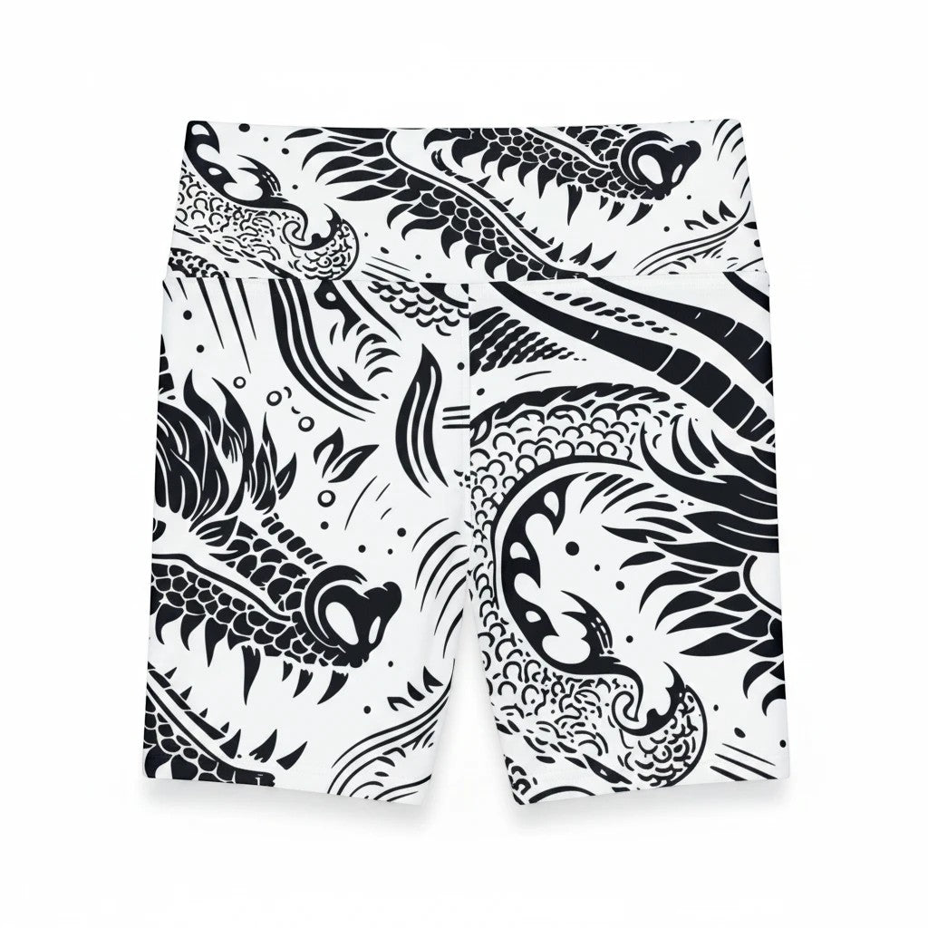 Sea Dragon Dreams women's workout shorts featuring a bold black and white dragon print in durable polyester fabric.