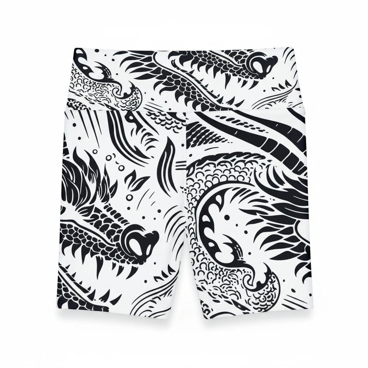 Sea Dragon Dreams women's workout shorts featuring a bold black and white dragon print in durable polyester fabric.