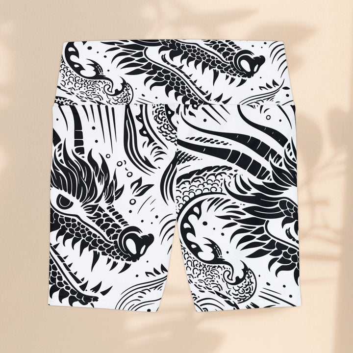 Sea Dragon Dreams women's workout shorts featuring a bold black and white dragon print on durable polyester fabric.