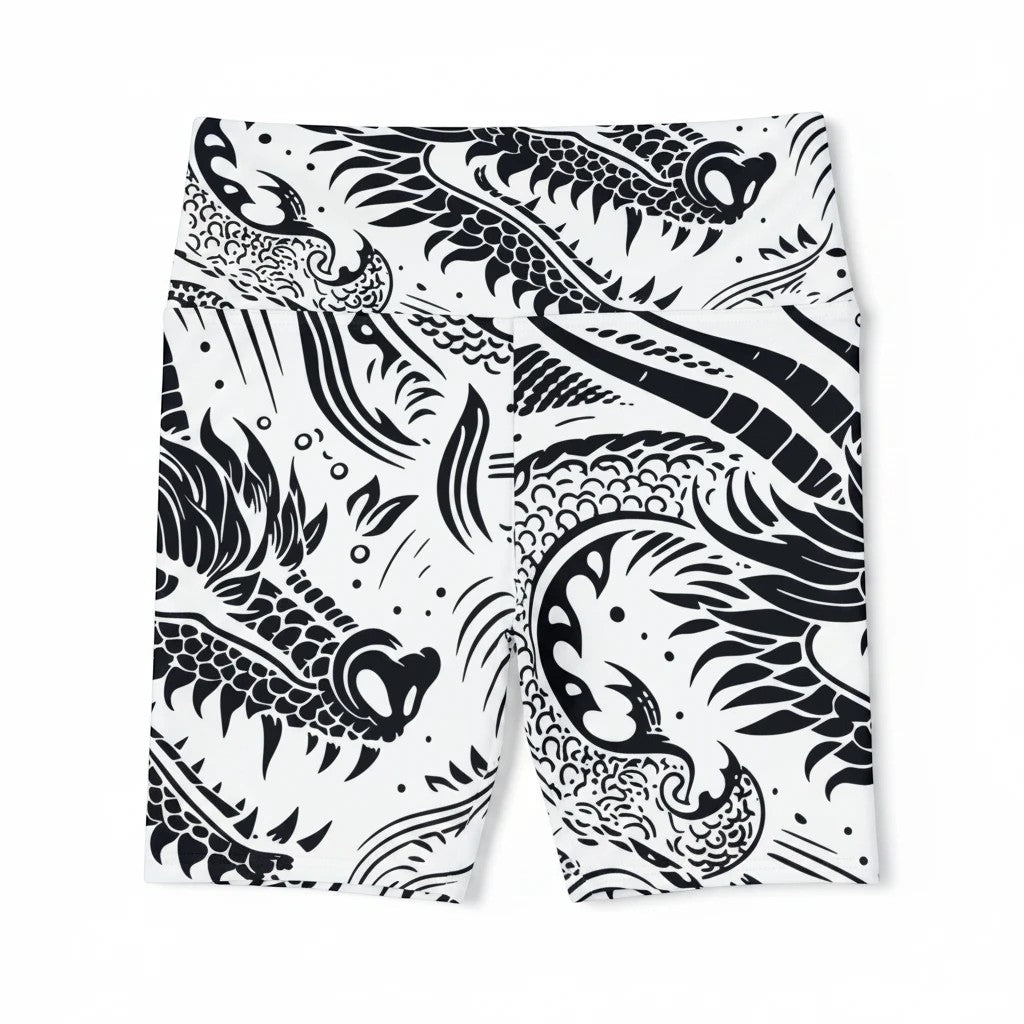 Sea Dragon Dreams women's workout shorts featuring a black and white dragon print in durable polyester fabric.
