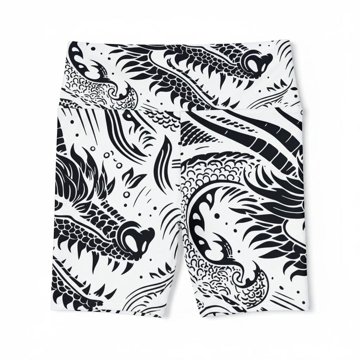 Sea Dragon Dreams women's workout shorts featuring a black and white dragon print in durable polyester fabric.