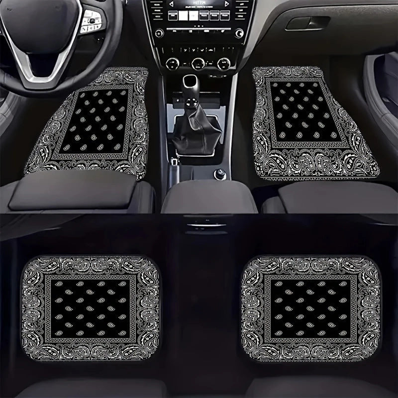 Sea Dragon Dreams bohemian car floor mats with black and white paisley floral pattern installed in a vehicle interior