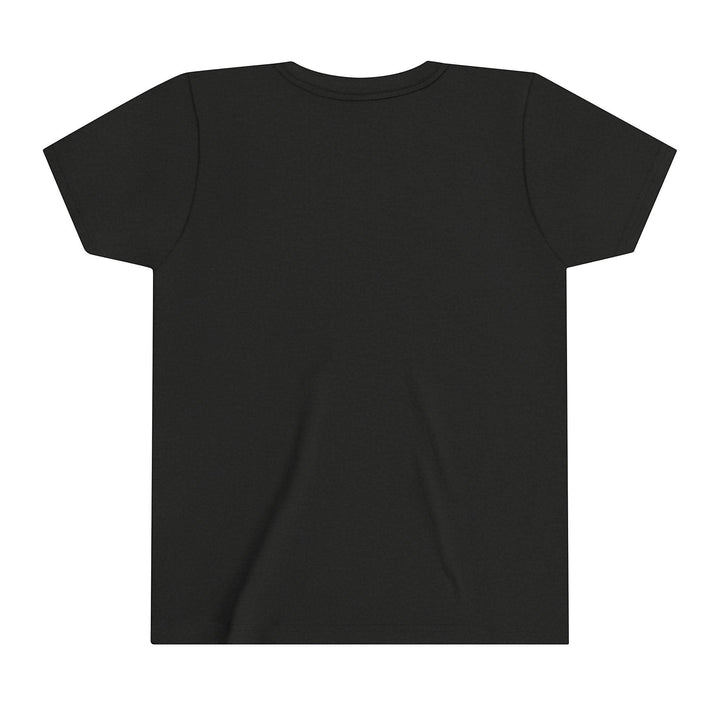 Sea Dragon Dreams youth short sleeve crew neck t-shirt in solid black, back view, made of soft ring-spun cotton.