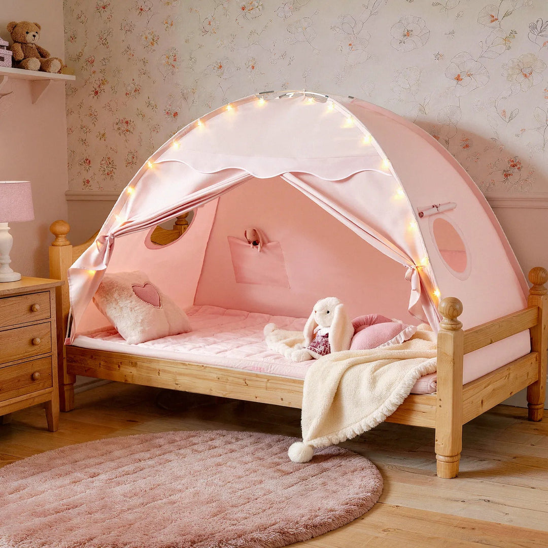 Sea Dragon Dreams blossom pink kids bed tent with fairy lights, tie-back doors, and side windows on a wooden bed frame