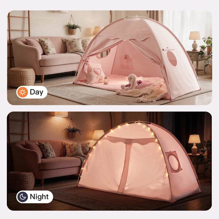 Sea Dragon Dreams blossom pink kids bed and play tent with tie-back doors, side windows, and warm string lights.
