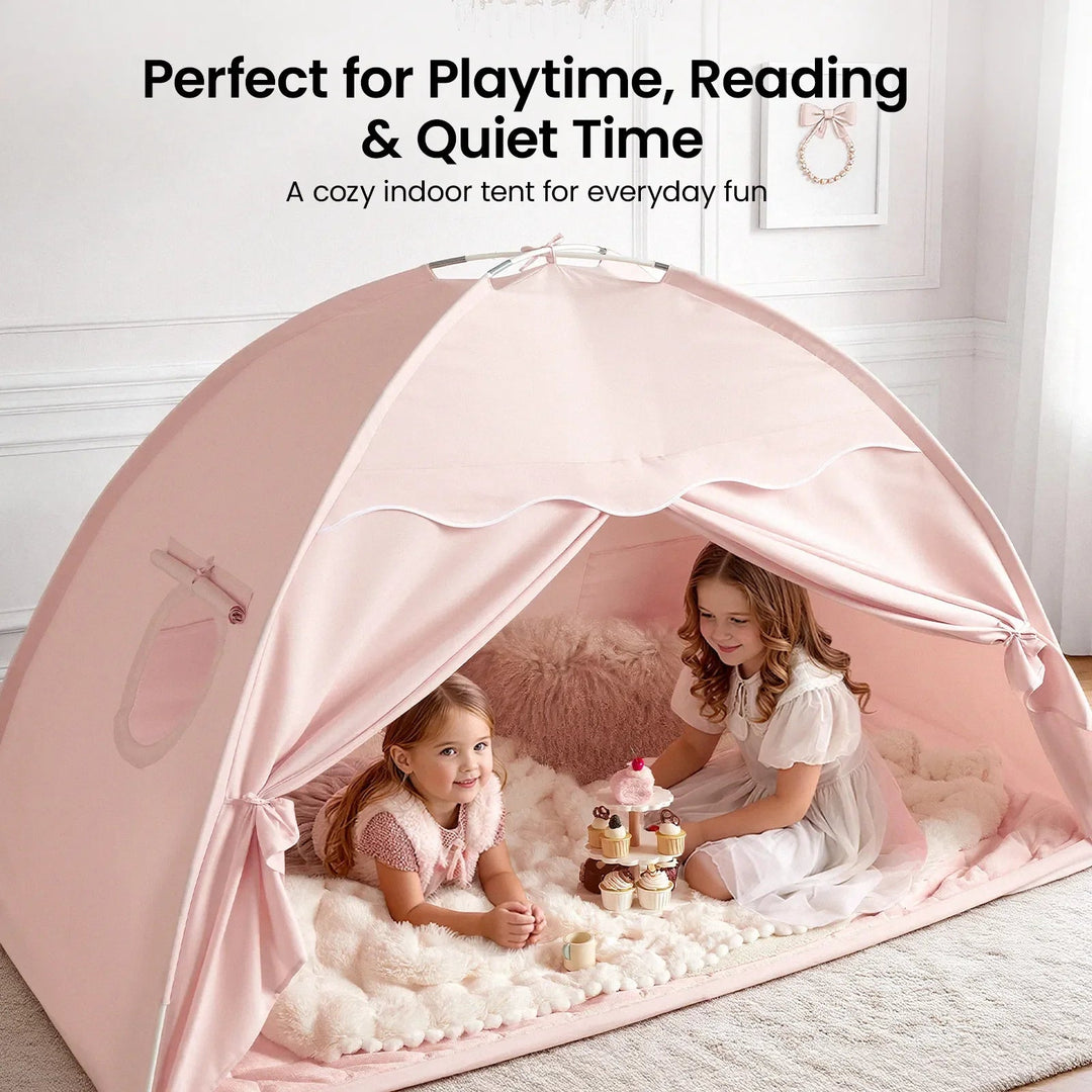 Sea Dragon Dreams blossom pink kids play tent with two girls playing inside on a soft white rug