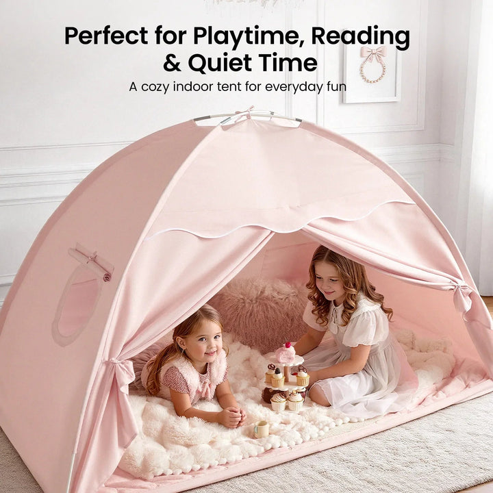 Sea Dragon Dreams blossom pink kids play tent with two girls playing inside on a soft white rug