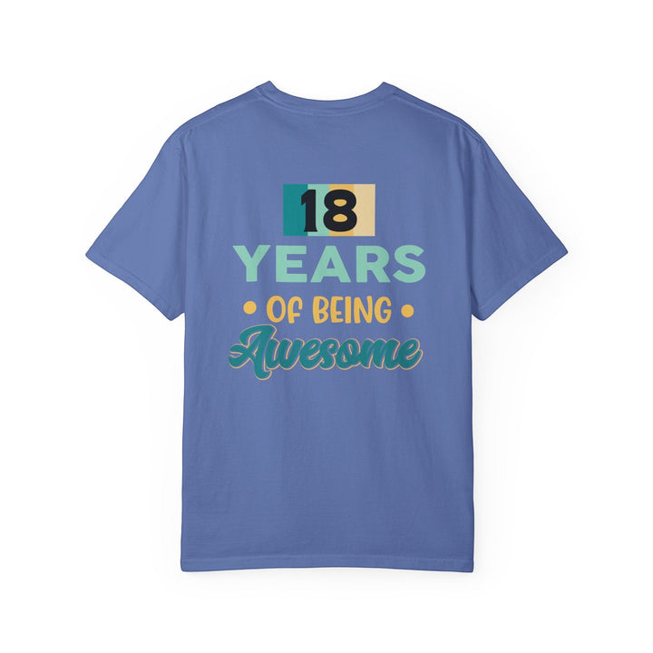Sea Dragon Dreams blue unisex 18th birthday t-shirt with 18 Years Of Being Awesome graphic on the back