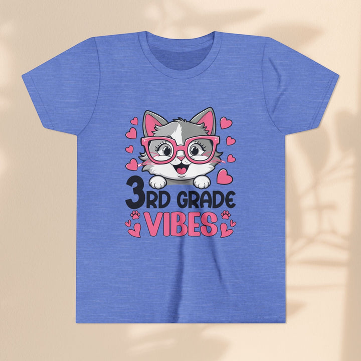 Sea Dragon Dreams blue youth t-shirt with a cute cat wearing pink glasses and 3rd Grade Vibes graphic print.