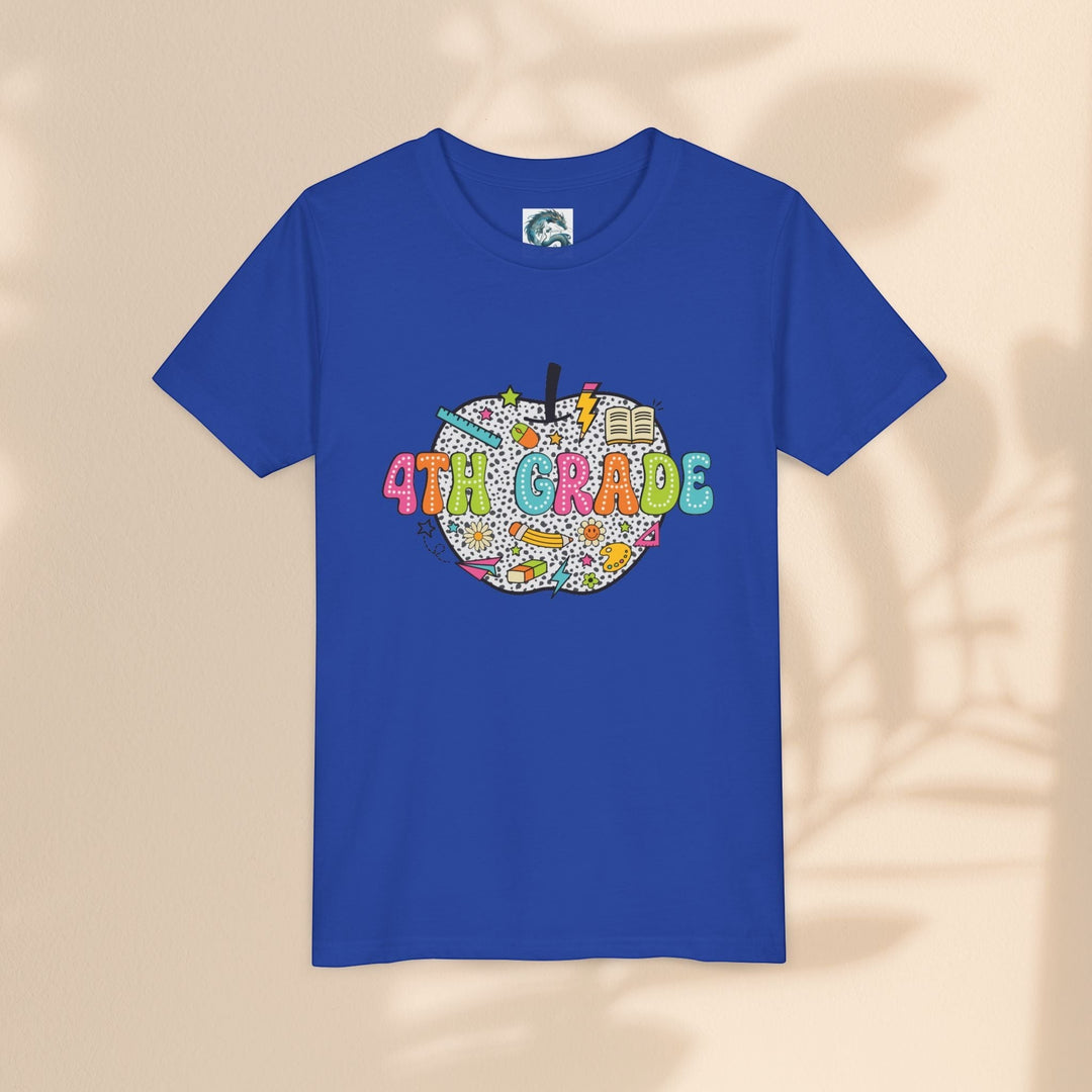 Sea Dragon Dreams blue youth t-shirt with a 4th grade apple graphic featuring school supplies and colorful text.