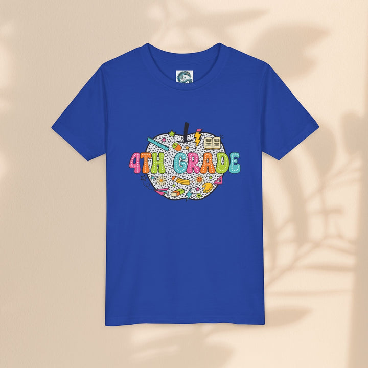 Sea Dragon Dreams blue youth t-shirt with a 4th grade apple graphic featuring school supplies and colorful text.