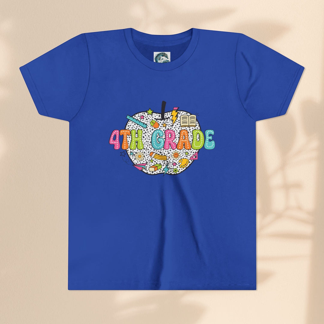 Sea Dragon Dreams blue youth t-shirt with a 4th grade apple graphic featuring school supplies and colorful text.