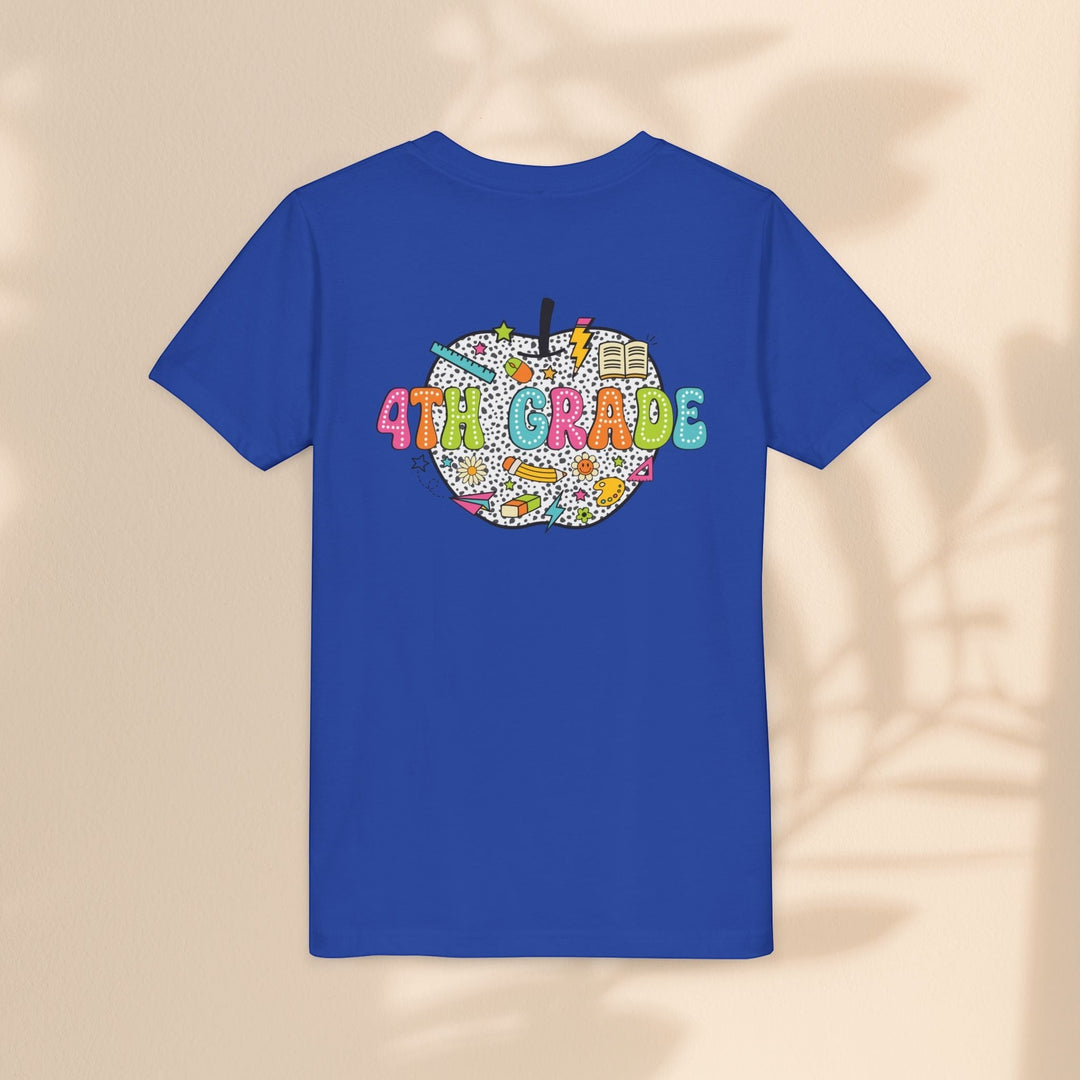 Sea Dragon Dreams blue youth t-shirt featuring a colorful 4th Grade apple graphic with school supplies on the back.