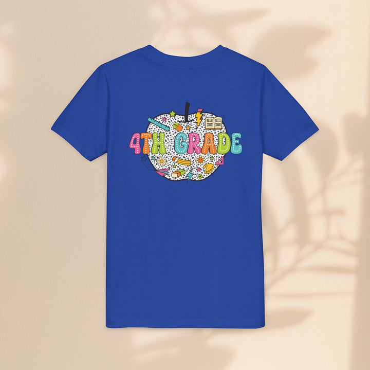 Sea Dragon Dreams blue youth t-shirt featuring a colorful 4th Grade apple graphic with school supplies on the back.